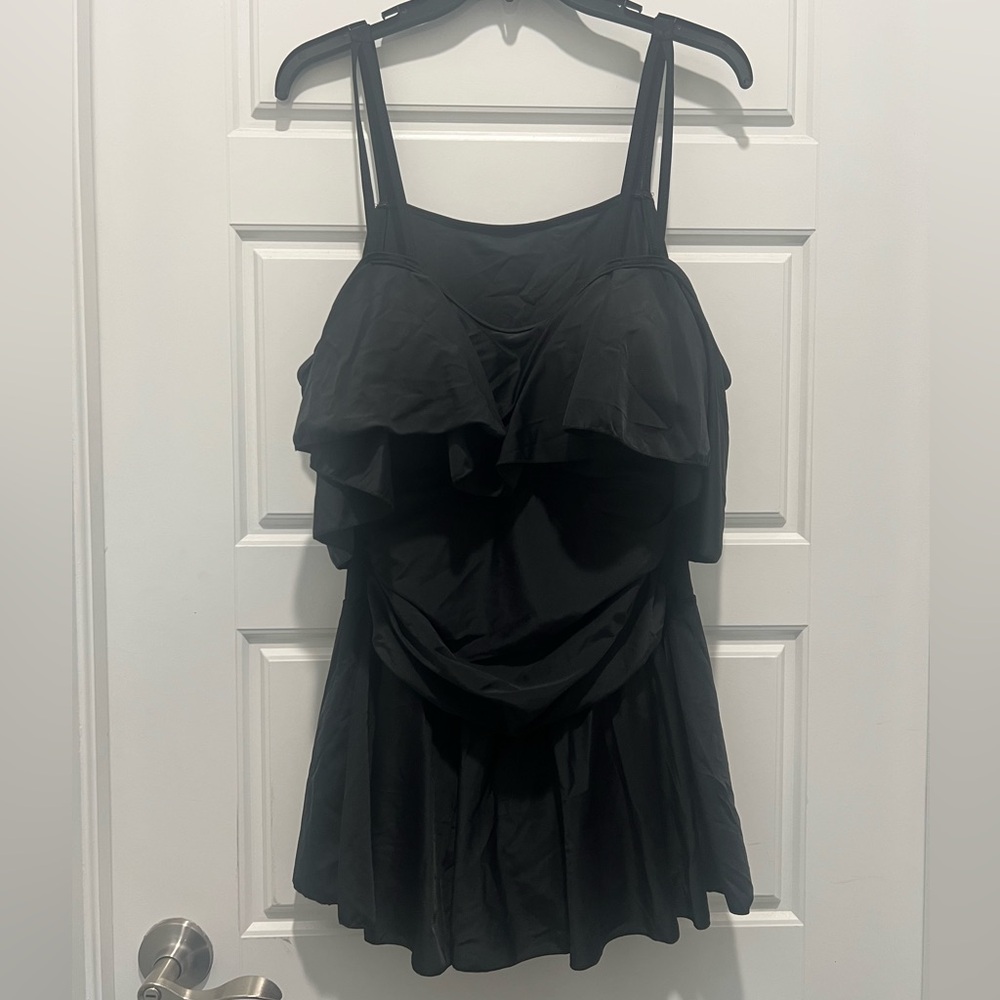 Black Off-Shoulder Ruffle One Piece Swimsuit with attached Shorts